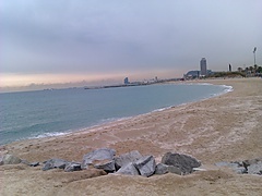 <p>la playa desierta y al fondo Barcelona puerto.</p>